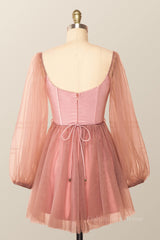 Prom Dresses 2027 Cheap, Puffy Long Sleeves Blush Pink Corset Short Dress