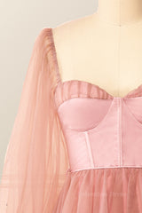 Prom Dresses Pattern, Puffy Long Sleeves Blush Pink Corset Short Dress