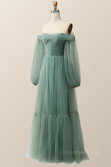 Red Prom Dress, Puffy Sleeves Green Tulle A-line Long Formal Dress