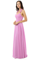 Party Dress Outfits, Purple Chiffon Halter Backless With Pleats Bridesmaid Dresses