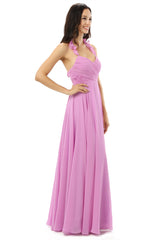 Party Dresses Cheap, Purple Chiffon Halter Backless With Pleats Bridesmaid Dresses