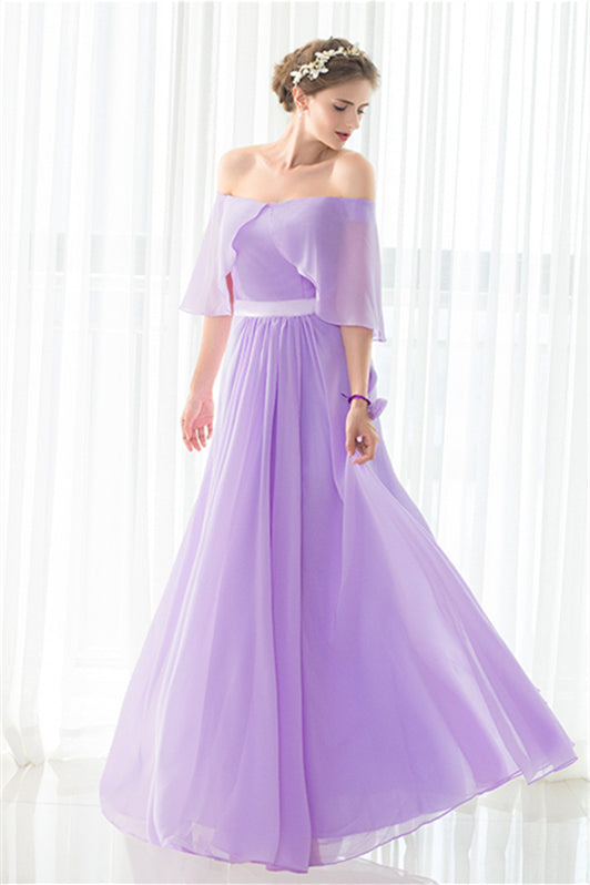 Party Dresses With Sleeves, Purple Chiffon Off The Shoulder Long Bridesmaid Dresses