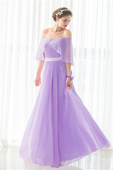 Party Dresses With Sleeves, Purple Chiffon Off The Shoulder Long Bridesmaid Dresses