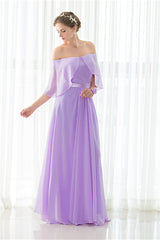 Party Dresses Fall, Purple Chiffon Off The Shoulder Long Bridesmaid Dresses