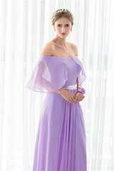 Party Dress For Ladies, Purple Chiffon Off The Shoulder Long Bridesmaid Dresses