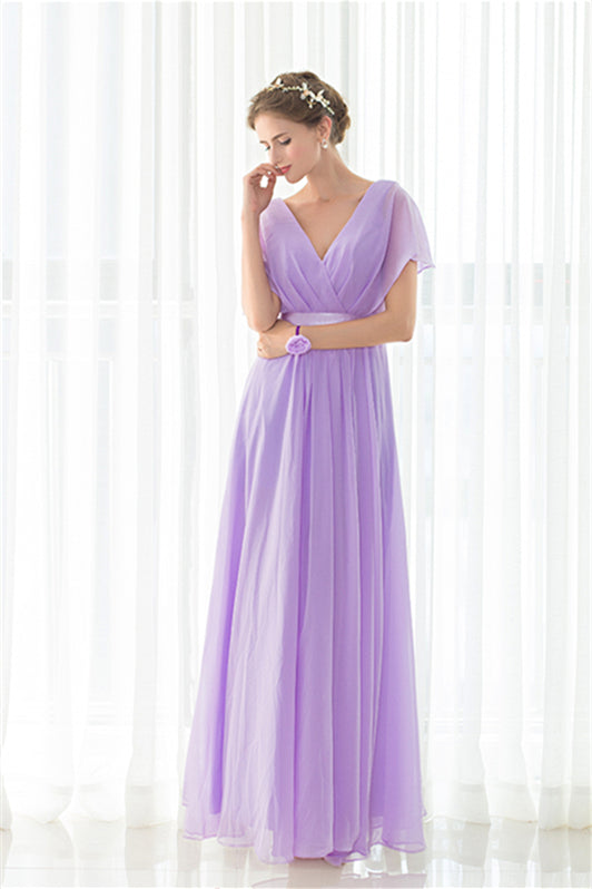 Party Dresses For Summer, Purple Chiffon V-neck Backless Pleats Long Bridesmaid Dresses