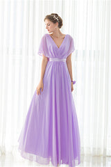 Party Dresses For Teenage Girls, Purple Chiffon V-neck Backless Pleats Long Bridesmaid Dresses
