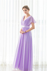 Party Dresses For Teenage Girl, Purple Chiffon V-neck Backless Pleats Long Bridesmaid Dresses