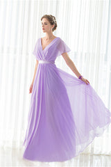 Party Dress For Teenage Girl, Purple Chiffon V-neck Backless Pleats Long Bridesmaid Dresses