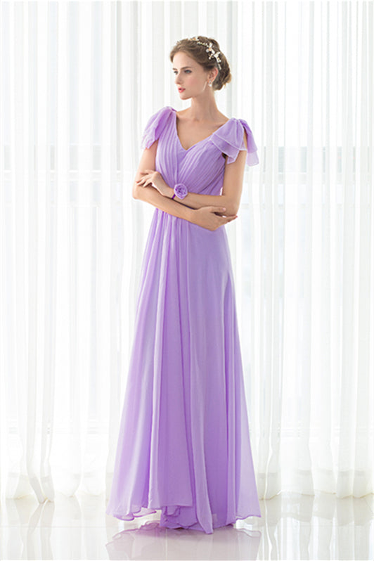 Party Dresses Indian, Purple Chiffon V-neck Backless Pleats Long Bridesmaid Dresses