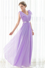 Party Dress Long Sleeve, Purple Chiffon V-neck Backless Pleats Long Bridesmaid Dresses