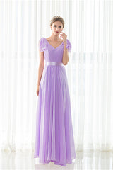 Party Dress Name, Purple Chiffon V-neck Backless Pleats Long Bridesmaid Dresses