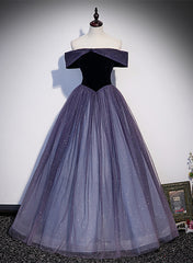 Wedding Guest Outfit, Purple Gradient Tulle Off Shoulder Long Party Dress, A-line Purple Evening Dress Prom Dress