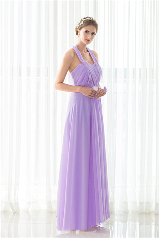 Party Dresses Mini, Purple Halter Chiffon Backless Pleats Long Bridesmaid Dresses