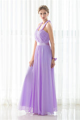 Party Dress For Cocktail, Purple Halter Chiffon Backless Pleats Long Bridesmaid Dresses