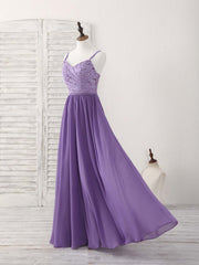Bridesmaids Dresses Modest, Purple Lace Chiffon Long Prom Dress Purple Bridesmaid Dress
