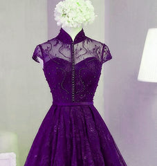 Bridesmaid Dress Neutral, Purple Lace Knee Length Homecoming Dress, Purple Lace Short Prom Dress