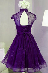 Bridesmaid Dresses Mismatched Spring, Purple Lace Knee Length Homecoming Dress, Purple Lace Short Prom Dress