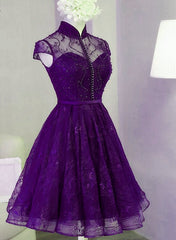 Bridesmaids Dresses Neutral, Purple Lace Knee Length Homecoming Dress, Purple Lace Short Prom Dress
