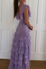 Cute Dress Outfit, Purple Lace Long Prom Dress Backless Evening Dress Stunning Maxi Dress