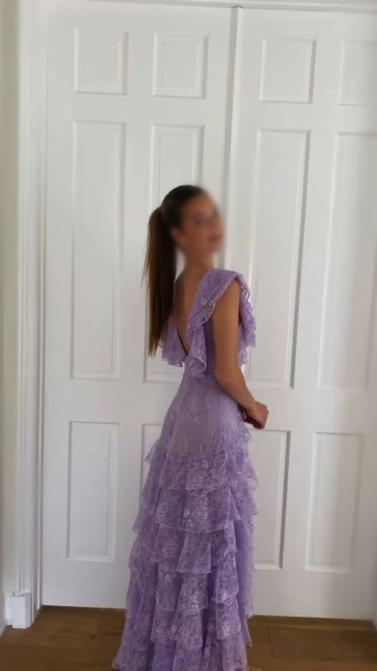 Party Fitness, Purple Lace Long Prom Dress Backless Evening Dress Stunning Maxi Dress