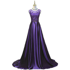 Wedding Dress Bridesmaids, Purple Long Round Neckline Prom Dress, Satin Wedding Party Dress