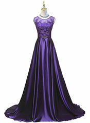 Wedding Dress Perfect For Summer, Purple Long Round Neckline Prom Dress, Satin Wedding Party Dress