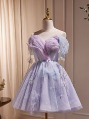 Homecoming Dress Classy, Purple Off Shoulder  Tulle Short Prom Dress, Purple Homecoming Dress