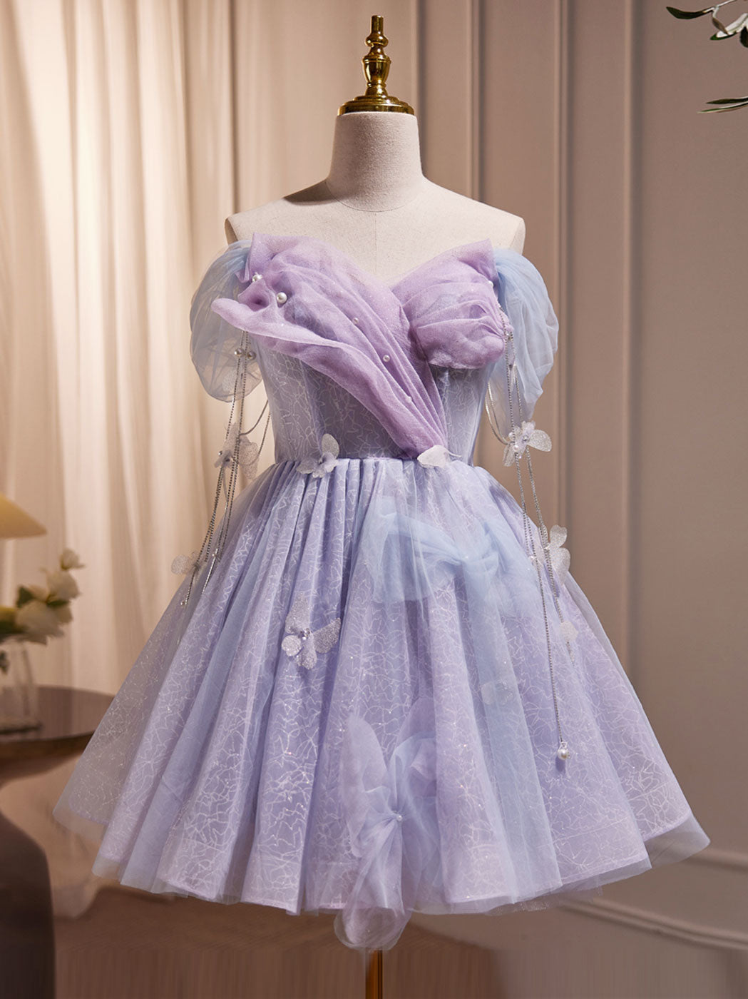 Homecoming Dresses Red, Purple Off Shoulder  Tulle Short Prom Dress, Purple Homecoming Dress