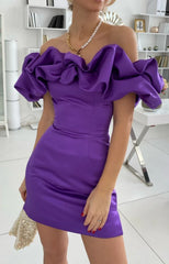 Dress Ideas, Purple Off the Shoulder Bodycon Homecoming Dresses Satin Maxi Cocktail Dress