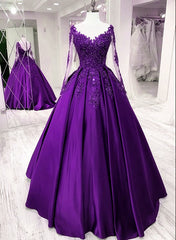 Party Dress Size 74, Purple Satin Long Sleeves with Lace Applique Party Dress, A-line Sweet 16 Dress