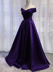 Silk Wedding Dress, Purple Satin Off Shoulder Long Prom Dress,A-line Simple Women Formal Dresses