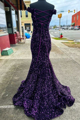 Party Dress Inspiration, Purple Sequin Off-the-Shoulder Lace-Up Mermaid Prom Dresses Evening Gowns