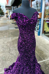 Party Dress Trends, Purple Sequin Off-the-Shoulder Lace-Up Mermaid Prom Dresses Evening Gowns