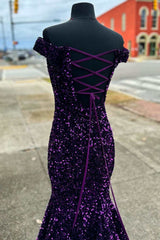 Party Dresses Ladies, Purple Sequin Off-the-Shoulder Lace-Up Mermaid Prom Dresses Evening Gowns