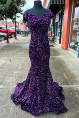 Party Dress Styles, Purple Sequin Off-the-Shoulder Lace-Up Mermaid Prom Dresses Evening Gowns