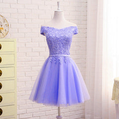 Wedding Ideas, Purple Short Sleeves Lace Off Shoulder Party Dress, Cute Purple Homecoming Dress