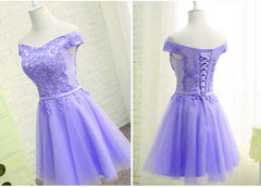 Bridesmaids Dresses Burgundy, Purple Short Sleeves Lace Off Shoulder Party Dress, Cute Purple Homecoming Dress