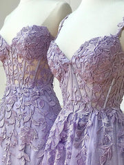 Prom Dresses For 2025, Purple sweetheart neck lace long prom dress, lace formal graduation dress