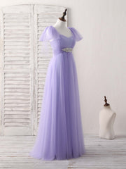 Party Dress Mid Length, Purple Sweetheart Neck Tulle Long Prom Dress Purple Bridesmaid Dress