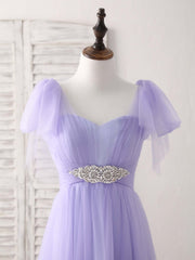 Party Dress Night Out, Purple Sweetheart Neck Tulle Long Prom Dress Purple Bridesmaid Dress