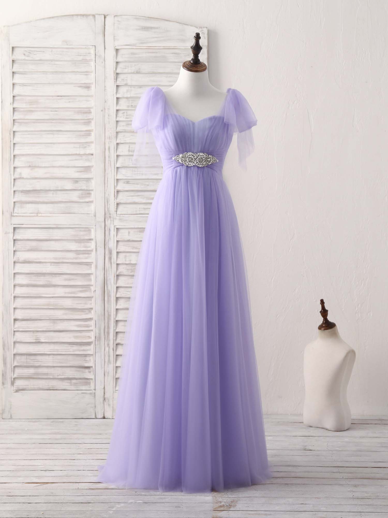 Party Dress With Sleeves, Purple Sweetheart Neck Tulle Long Prom Dress Purple Bridesmaid Dress
