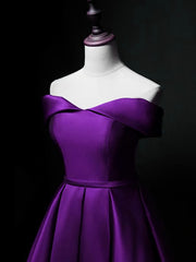 Black Bridesmaid Dress, Purple Sweetheart Satin Off Shoulder Homecoming Dresses, Purple Short Prom Dresses