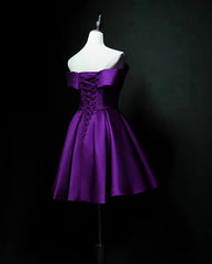 Purple Prom Dress, Purple Sweetheart Satin Off Shoulder Homecoming Dresses, Purple Short Prom Dresses