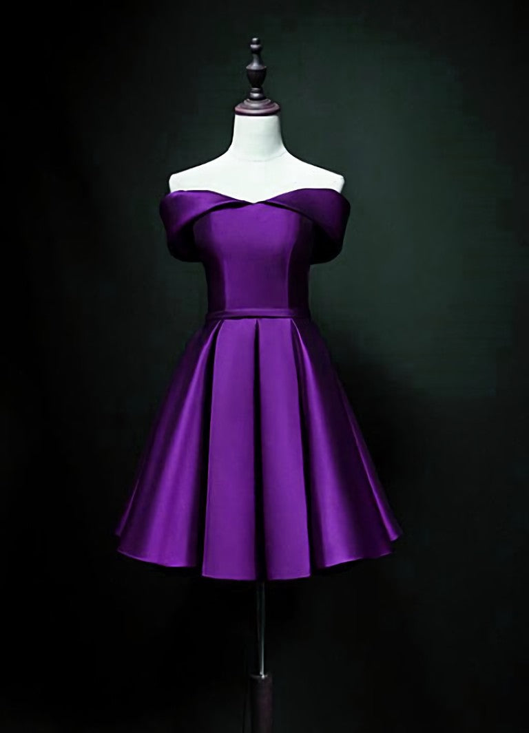 Evening Gown, Purple Sweetheart Satin Off Shoulder Homecoming Dresses, Purple Short Prom Dresses