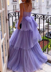 Tulle Dress, Purple Tulle A-line Spaghetti Straps Prom Dresses, Long Formal Dress,dresses for party events