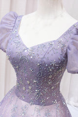 Bridesmaids Dresses Uk, Purple Tulle Beaded Long Formal Dress, Cute A-Line Evening Dress