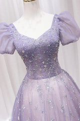 Bridesmaid Dresses Uk, Purple Tulle Beaded Long Formal Dress, Cute A-Line Evening Dress