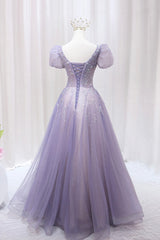 Bridesmaids Dresses Mismatched Fall, Purple Tulle Beaded Long Formal Dress, Cute A-Line Evening Dress
