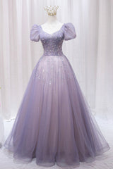 Bridesmaid Dress Uk, Purple Tulle Beaded Long Formal Dress, Cute A-Line Evening Dress